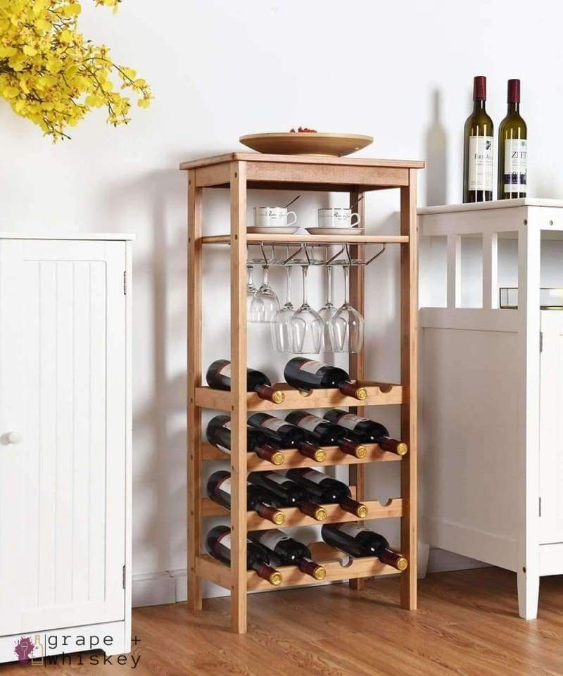 16 Bottle Bamboo Wine Rack with Glass Hanger -  - Grape and Whiskey