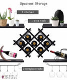 5pc Wall Mount Wine Rack Set w/ Storage Shelves in Black -  - Grape and Whiskey