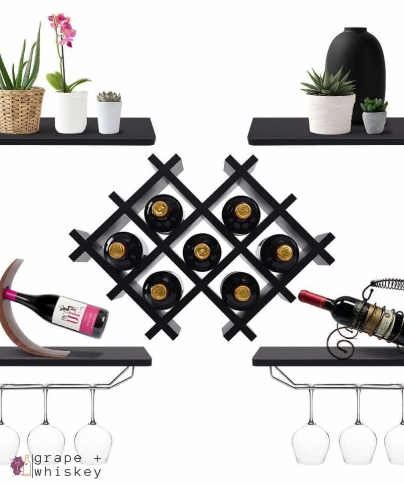 5pc Wall Mount Wine Rack Set w/ Storage Shelves in Black -  - Grape and Whiskey
