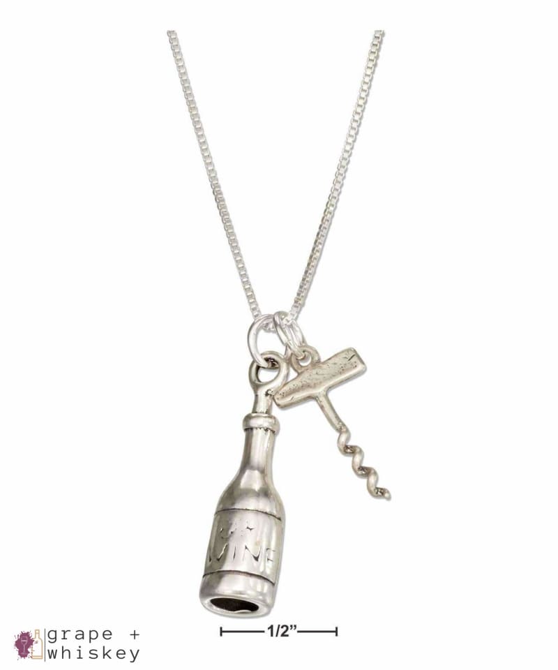 Sterling Silver 18" Corkscrew and Wine Bottle Necklace - Default Title - Grape and Whiskey