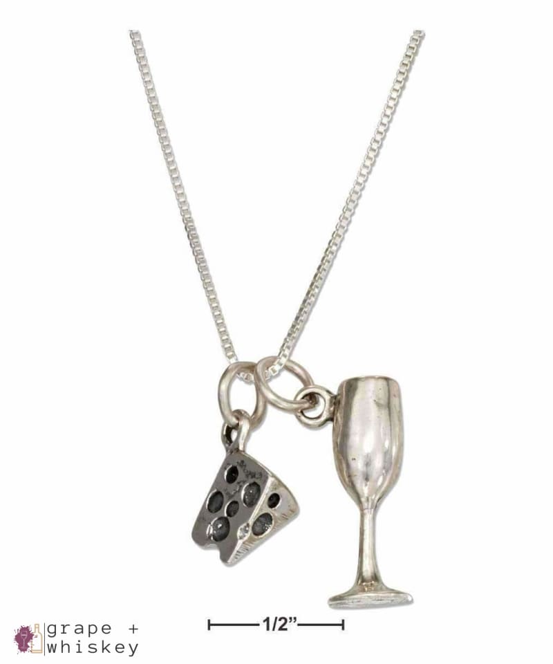 Sterling Silver 18" Wedge Of Cheese and Wine Glass Necklace - Default Title - Grape and Whiskey