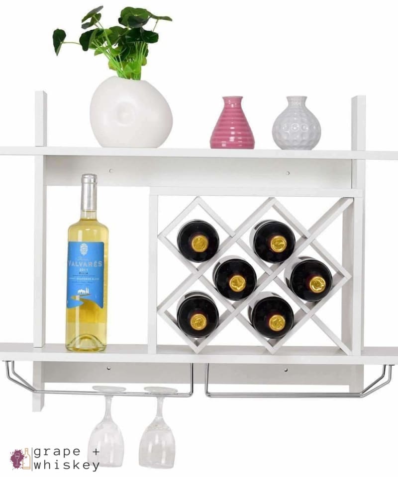 Wall Mount Wine Rack w/ Glass Holder & Storage Shelf -  - Grape and Whiskey