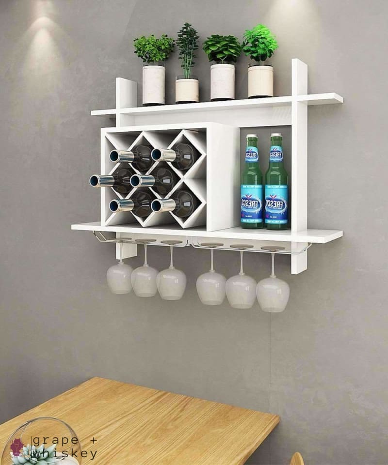 Wall Mount Wine Rack w/ Glass Holder & Storage Shelf -  - Grape and Whiskey