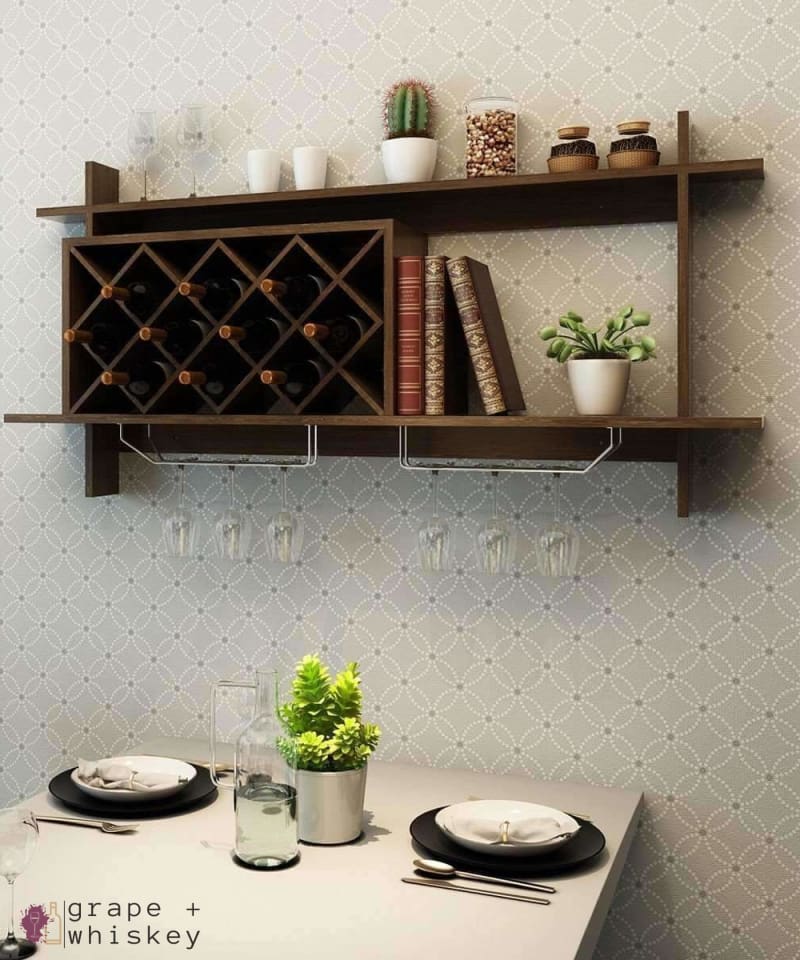 Wall Mount Wine Rack with Glass Holder & Storage Shelf - Walnut Finish -  - Grape and Whiskey