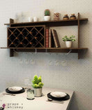 Wall Mount Wine Rack with Glass Holder & Storage Shelf - Walnut Finish -  - Grape and Whiskey