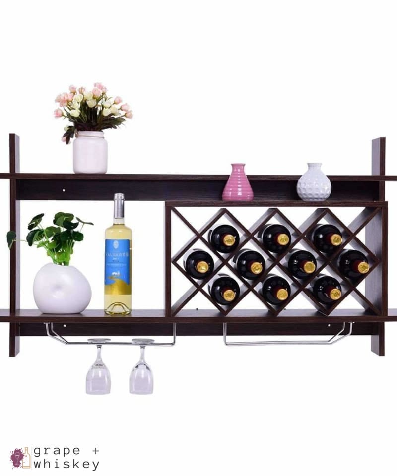 Wall Mount Wine Rack with Glass Holder & Storage Shelf - Walnut Finish -  - Grape and Whiskey
