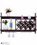 Wall Mount Wine Rack with Glass Holder & Storage Shelf - Walnut Finish -  - Grape and Whiskey