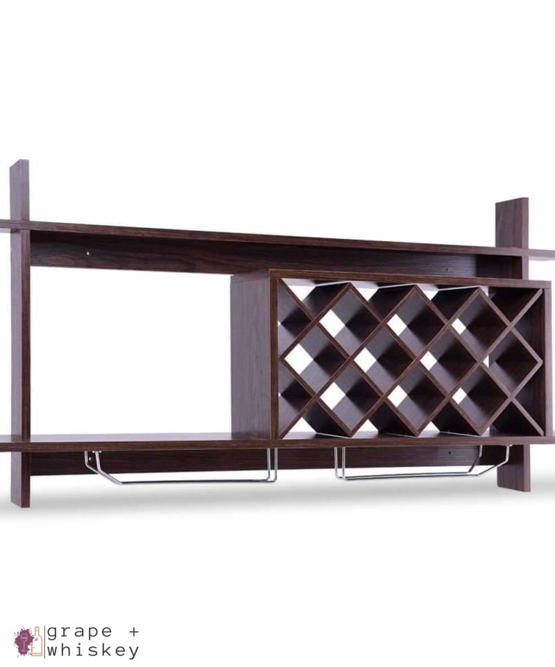Wall Mount Wine Rack with Glass Holder & Storage Shelf - Walnut Finish - Default Title - Grape and Whiskey