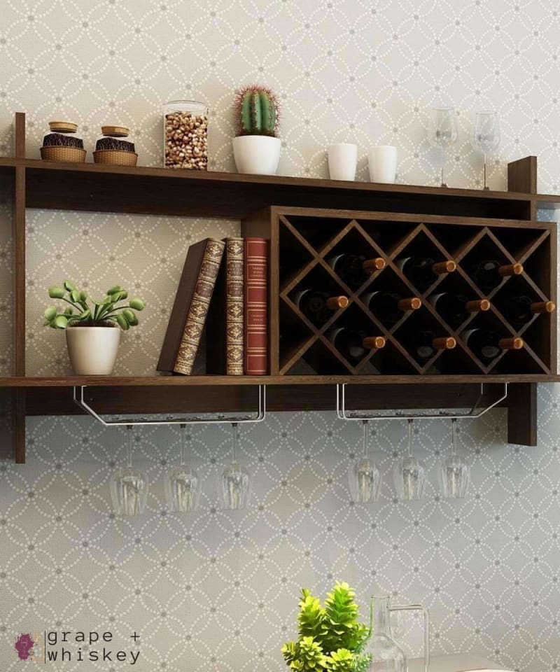 Wall Mount Wine Rack with Glass Holder & Storage Shelf - Walnut Finish -  - Grape and Whiskey