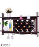 Wall Mount Wine Rack with Glass Holder & Storage Shelf - Walnut Finish -  - Grape and Whiskey
