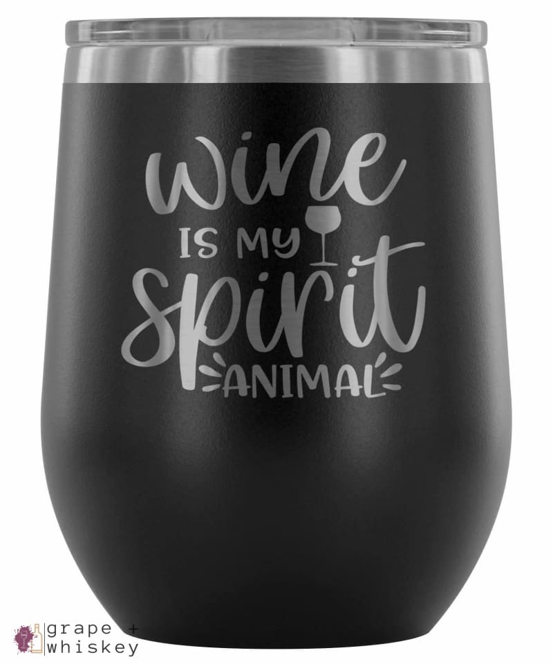"Wine is my Spirit Animal" 12oz Stemless Wine Tumbler with Lid - Black - Grape and Whiskey