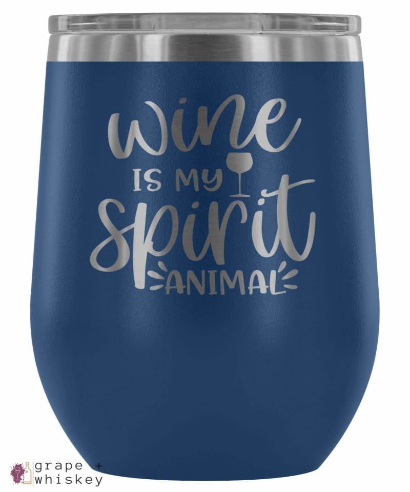 "Wine is my Spirit Animal" 12oz Stemless Wine Tumbler with Lid - Blue - Grape and Whiskey