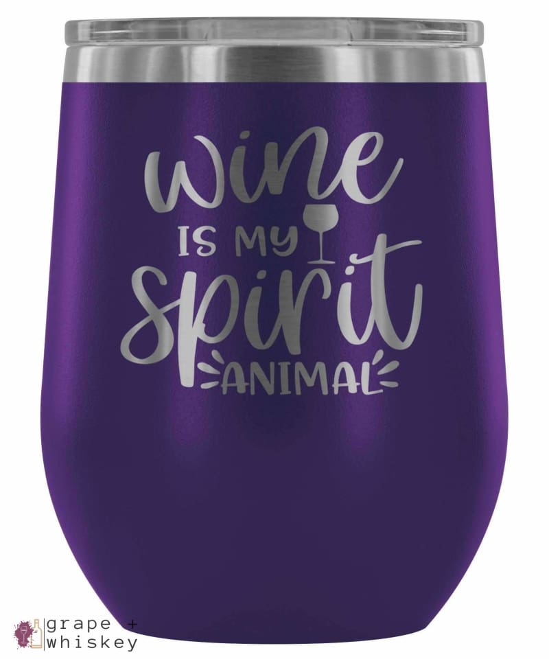 "Wine is my Spirit Animal" 12oz Stemless Wine Tumbler with Lid - Purple - Grape and Whiskey
