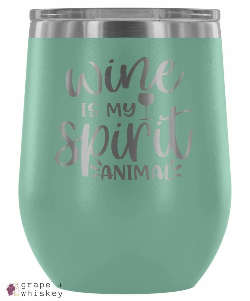 "Wine is my Spirit Animal" 12oz Stemless Wine Tumbler with Lid - Teal - Grape and Whiskey