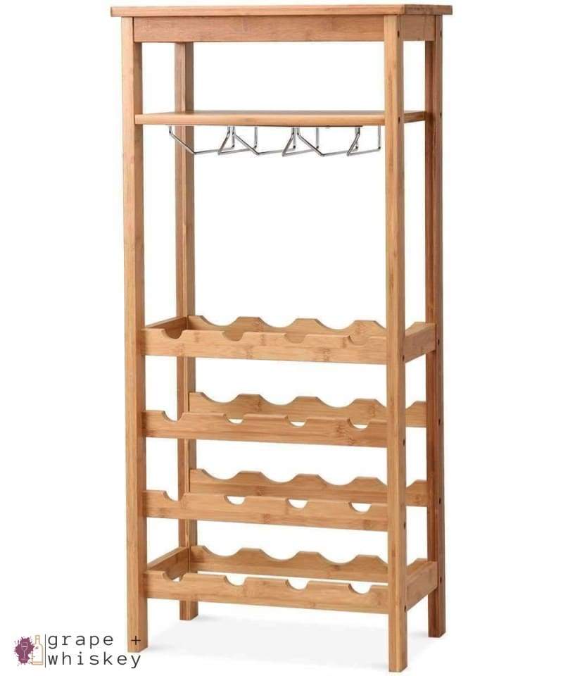 16 Bottle Bamboo Wine Rack with Glass Hanger - Default Title - Grape and Whiskey