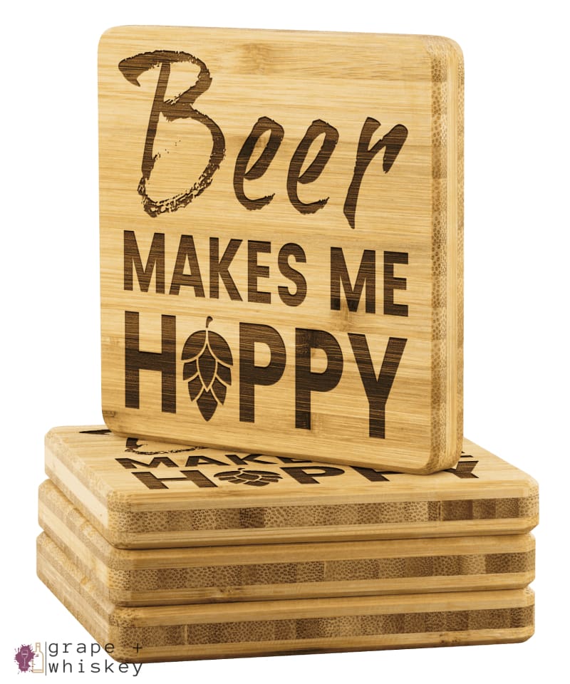 Beer Makes Me Hoppy Bamboo Coasters - Bamboo Coaster - 4pc - Grape and Whiskey