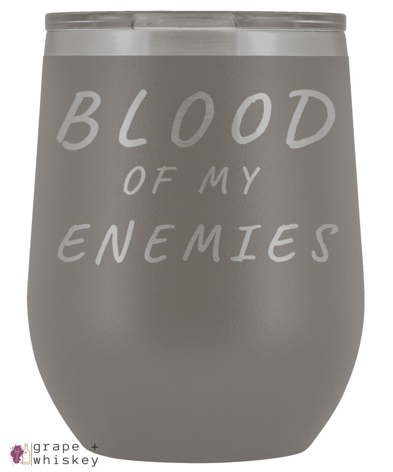 &quot;Blood of my Enemies&quot; 12oz Stemless Wine Tumbler with Lid - Pewter - Grape and Whiskey