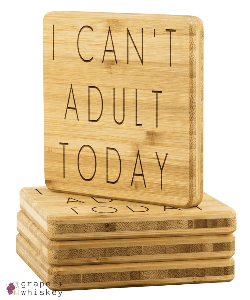 I Can't Adult Today Bamboo Coasters - Bamboo Coaster - 4pc - Grape and Whiskey
