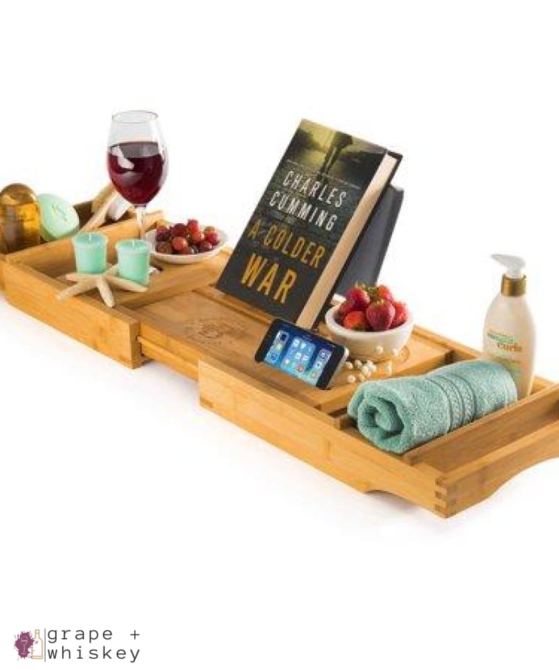Luxury Expandable Bamboo Wine Bathtub Caddy - Default - Grape and Whiskey