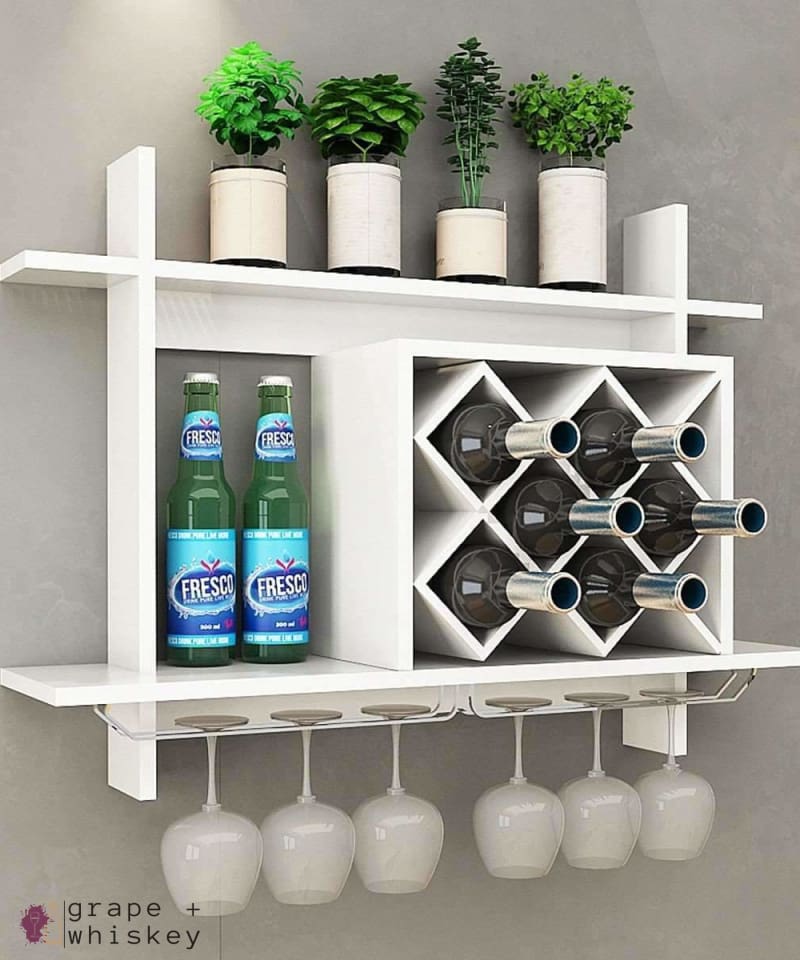 Wall Mount Wine Rack w/ Glass Holder &amp; Storage Shelf -  - Grape and Whiskey