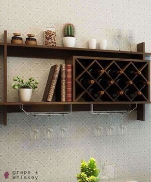 Wall Mount Wine Rack with Glass Holder &amp; Storage Shelf - Walnut Finish -  - Grape and Whiskey