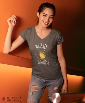 &quot;Whiskey Business&quot; Women's V-Neck - District Womens V-Neck / Charcoal / S - Grape and Whiskey