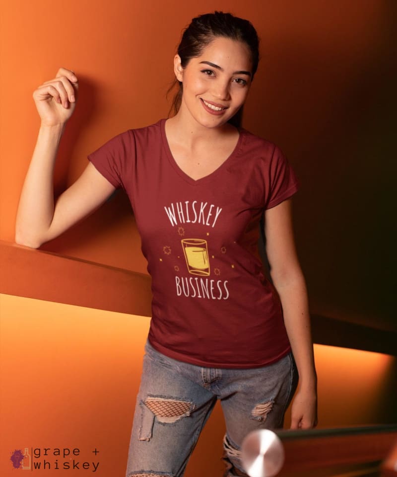 &quot;Whiskey Business&quot; Women's V-Neck - District Womens V-Neck / Red / S - Grape and Whiskey